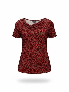 Women's JM Collection Red Leopard Print Short Sleeve Cowl Neck Top Size PM